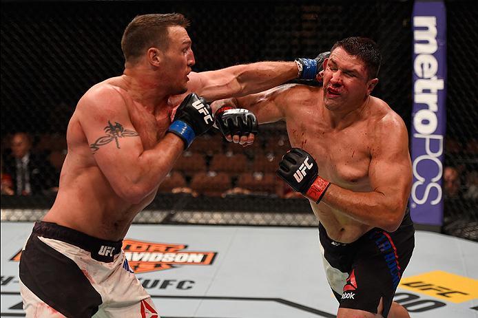 LAS VEGAS, NV - MAY 29: (L-R) Adam Milstead punches Chris De La Rocha in their heavyweight bout during the UFC Fight Night event inside the Mandalay Bay Events Center on May 29, 2016 in Las Vegas, Nevada. (Photo by Josh Hedges/Zuffa LLC/Zuffa LLC via Get