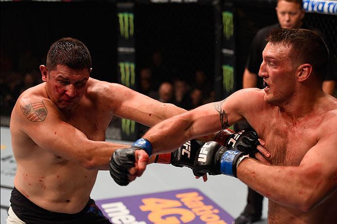 LAS VEGAS, NV - MAY 29: (R-L) Adam Milstead punches Chris De La Rocha in their heavyweight bout during the UFC Fight Night event inside the Mandalay Bay Events Center on May 29, 2016 in Las Vegas, Nevada.  (Photo by Josh Hedges/Zuffa LLC/Zuffa LLC via Get