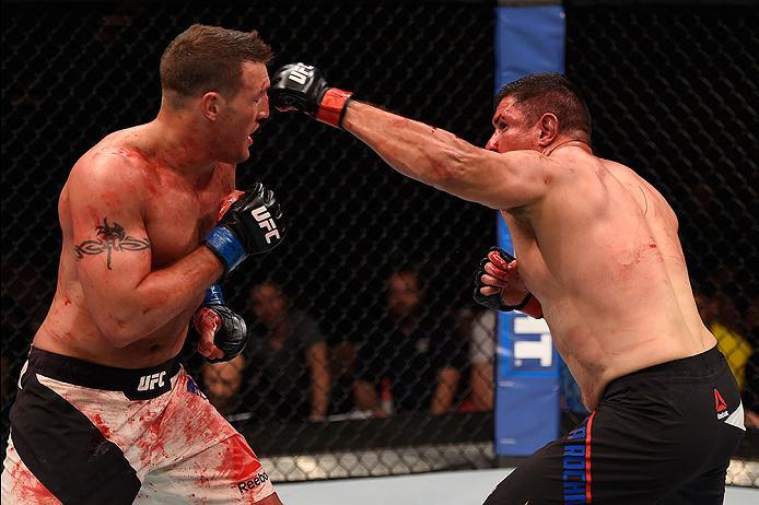 LAS VEGAS, NV - MAY 29: (R-L) Chris De La Rocha punches Adam Milstead in their heavyweight bout during the UFC Fight Night event inside the Mandalay Bay Events Center on May 29, 2016 in Las Vegas, Nevada.  (Photo by Josh Hedges/Zuffa LLC/Zuffa LLC via Get