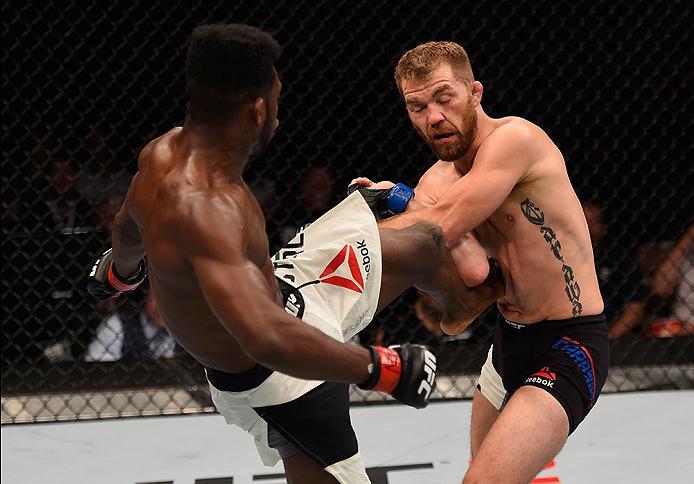 LAS VEGAS, NV - MAY 29: (L-R) Aljamain Sterling kicks Bryan Caraway in their bantamweight bout during the UFC Fight Night event inside the Mandalay Bay Events Center on May 29, 2016 in Las Vegas, Nevada. (Photo by Josh Hedges/Zuffa LLC/Zuffa LLC via Gett