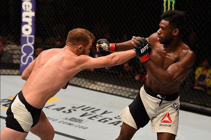 LAS VEGAS, NV - MAY 29: (L-R) Bryan Caraway punches Aljamain Sterling in their bantamweight bout during the UFC Fight Night event inside the Mandalay Bay Events Center on May 29, 2016 in Las Vegas, Nevada.  (Photo by Josh Hedges/Zuffa LLC/Zuffa LLC via Ge