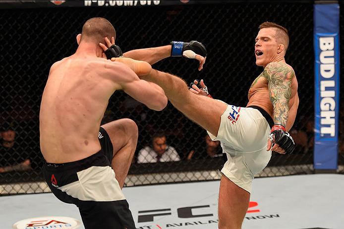 LAS VEGAS, NV - MAY 29: (R-L) Erik Koch kicks Shane Campbell of Canada in their lightweight bout during the UFC Fight Night event inside the Mandalay Bay Events Center on May 29, 2016 in Las Vegas, Nevada.  (Photo by Josh Hedges/Zuffa LLC/Zuffa LLC via Ge