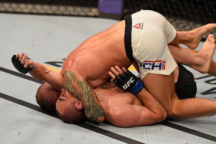 LAS VEGAS, NV - MAY 29: Erik Koch (top) attempts to submit Shane Campbell of Canada in their lightweight bout during the UFC Fight Night event inside the Mandalay Bay Events Center on May 29, 2016 in Las Vegas, Nevada.  (Photo by Josh Hedges/Zuffa LLC/Zuf