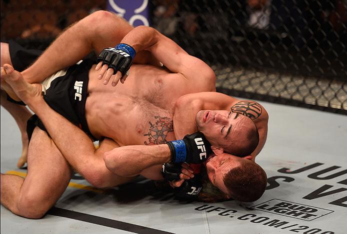 LAS VEGAS, NV - MAY 29: Erik Koch (bottom) attempts to submit Shane Campbell of Canada in their lightweight bout during the UFC Fight Night event inside the Mandalay Bay Events Center on May 29, 2016 in Las Vegas, Nevada. (Photo by Josh Hedges/Zuffa LLC