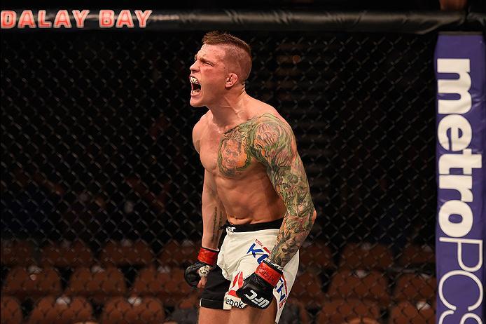 LAS VEGAS, NV - MAY 29:  Erik Koch reacts to his victory over Shane Campbell of Canada in their lightweight bout during the UFC Fight Night event inside the Mandalay Bay Events Center on May 29, 2016 in Las Vegas, Nevada.  (Photo by Josh Hedges/Zuffa LLC/