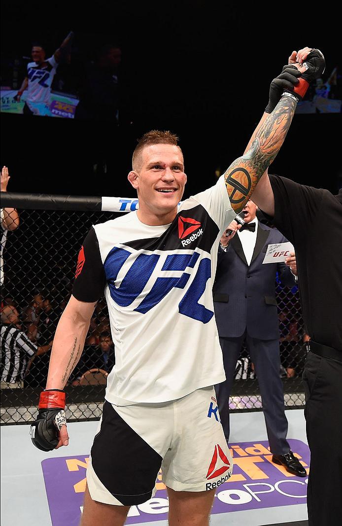 LAS VEGAS, NV - MAY 29:  Erik Koch reacts to his victory over Shane Campbell of Canada in their lightweight bout during the UFC Fight Night event inside the Mandalay Bay Events Center on May 29, 2016 in Las Vegas, Nevada.  (Photo by Josh Hedges/Zuffa LLC/