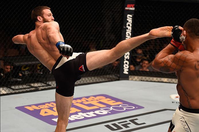 LAS VEGAS, NV - MAY 29: (L-R) Jordan Rinaldi kicks Abel Trujillo in their lightweight bout during the UFC Fight Night event inside the Mandalay Bay Events Center on May 29, 2016 in Las Vegas, Nevada. (Photo by Josh Hedges/Zuffa LLC/Zuffa LLC via Getty Im