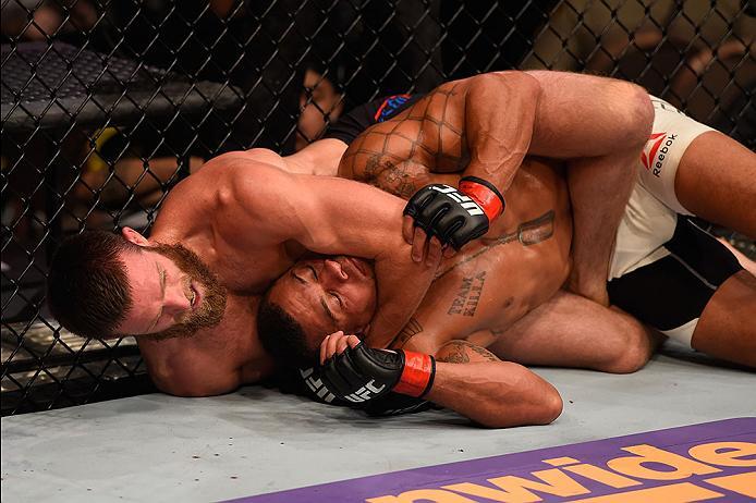 LAS VEGAS, NV - MAY 29: (L-R) Jordan Rinaldi attempts to submit Abel Trujillo in their lightweight bout during the UFC Fight Night event inside the Mandalay Bay Events Center on May 29, 2016 in Las Vegas, Nevada. (Photo by Josh Hedges/Zuffa LLC/Zuffa LLC