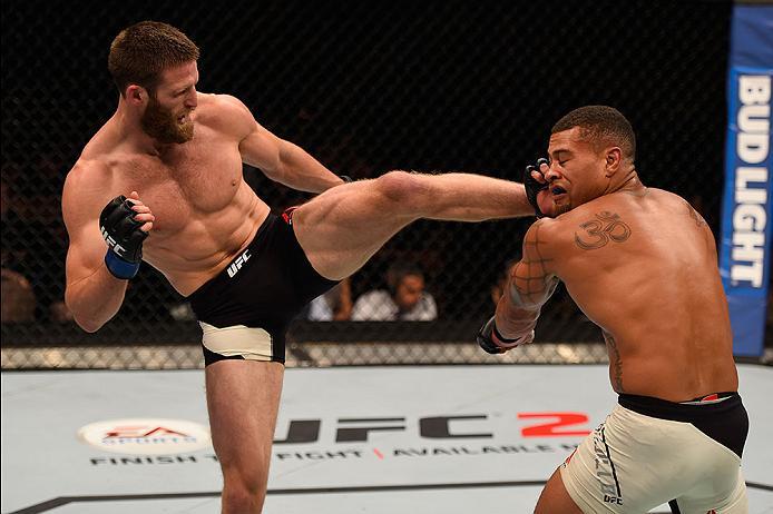 LAS VEGAS, NV - MAY 29: (L-R) Jordan Rinaldi kicks Abel Trujillo in their lightweight bout during the UFC Fight Night event inside the Mandalay Bay Events Center on May 29, 2016 in Las Vegas, Nevada.  (Photo by Josh Hedges/Zuffa LLC/Zuffa LLC via Getty Im