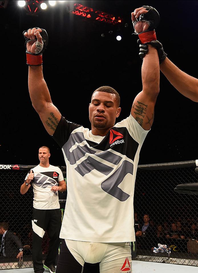 LAS VEGAS, NV - MAY 29: Abel Trujillo reacts to his victory over Jordan Rinaldi in their lightweight bout during the UFC Fight Night event inside the Mandalay Bay Events Center on May 29, 2016 in Las Vegas, Nevada.  (Photo by Josh Hedges/Zuffa LLC/Zuffa L