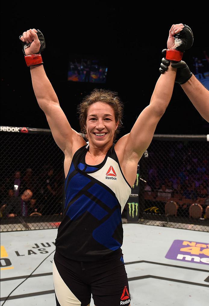 LAS VEGAS, NV - MAY 29: Sara McMann reacts to her victory over Jessica Eye in their women's bantamweight bout during the UFC Fight Night event inside the Mandalay Bay Events Center on May 29, 2016 in Las Vegas, Nevada.  (Photo by Josh Hedges/Zuffa LLC/Zuf