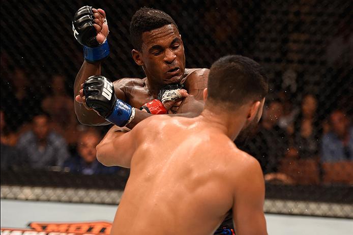 LAS VEGAS, NV - MAY 29: Jorge Masvidal (front) punches Lorenz Larkin in their welterweight bout during the UFC Fight Night event inside the Mandalay Bay Events Center on May 29, 2016 in Las Vegas, Nevada.  (Photo by Josh Hedges/Zuffa LLC/Zuffa LLC via Get