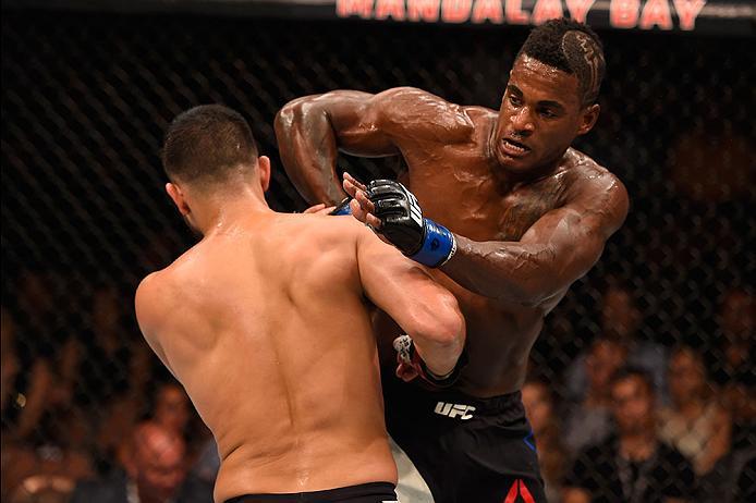 LAS VEGAS, NV - MAY 29: (R-L) Lorenz Larkin punches Jorge Masvidal in their welterweight bout during the UFC Fight Night event inside the Mandalay Bay Events Center on May 29, 2016 in Las Vegas, Nevada. (Photo by Josh Hedges/Zuffa LLC/Zuffa LLC via Getty