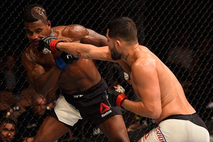 LAS VEGAS, NV - MAY 29: (R-L) Jorge Masvidal punches Lorenz Larkin in their welterweight bout during the UFC Fight Night event inside the Mandalay Bay Events Center on May 29, 2016 in Las Vegas, Nevada. (Photo by Josh Hedges/Zuffa LLC/Zuffa LLC via Getty