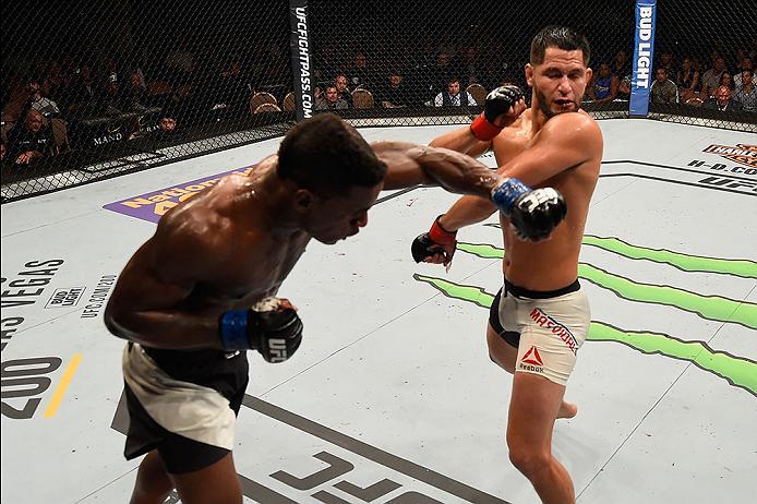 LAS VEGAS, NV - MAY 29: (L-R) Lorenz Larkin punches Jorge Masvidal in their welterweight bout during the UFC Fight Night event inside the Mandalay Bay Events Center on May 29, 2016 in Las Vegas, Nevada. (Photo by Josh Hedges/Zuffa LLC/Zuffa LLC via Getty