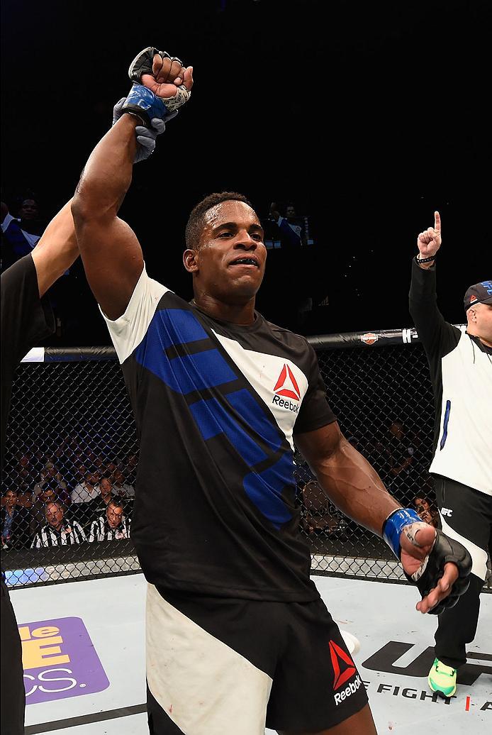 LAS VEGAS, NV - MAY 29: Lorenz Larkin reacts to his victory over Jorge Masvidal in their welterweight bout during the UFC Fight Night event inside the Mandalay Bay Events Center on May 29, 2016 in Las Vegas, Nevada. (Photo by Josh Hedges/Zuffa LLC/Zuffa