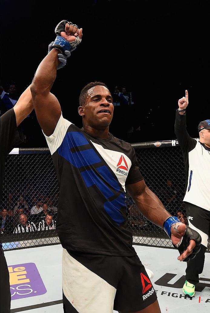 LAS VEGAS, NV - MAY 29: Lorenz Larkin reacts to his victory over Jorge Masvidal in their welterweight bout during the UFC Fight Night event inside the Mandalay Bay Events Center on May 29, 2016 in Las Vegas, Nevada.  (Photo by Josh Hedges/Zuffa LLC/Zuffa 