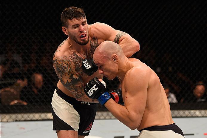 LAS VEGAS, NV - MAY 29: (L-R) Chris Camozzi elbows Vitor Miranda of Brazil in their middleweight bout during the UFC Fight Night event inside the Mandalay Bay Events Center on May 29, 2016 in Las Vegas, Nevada. (Photo by Josh Hedges/Zuffa LLC/Zuffa LLC v