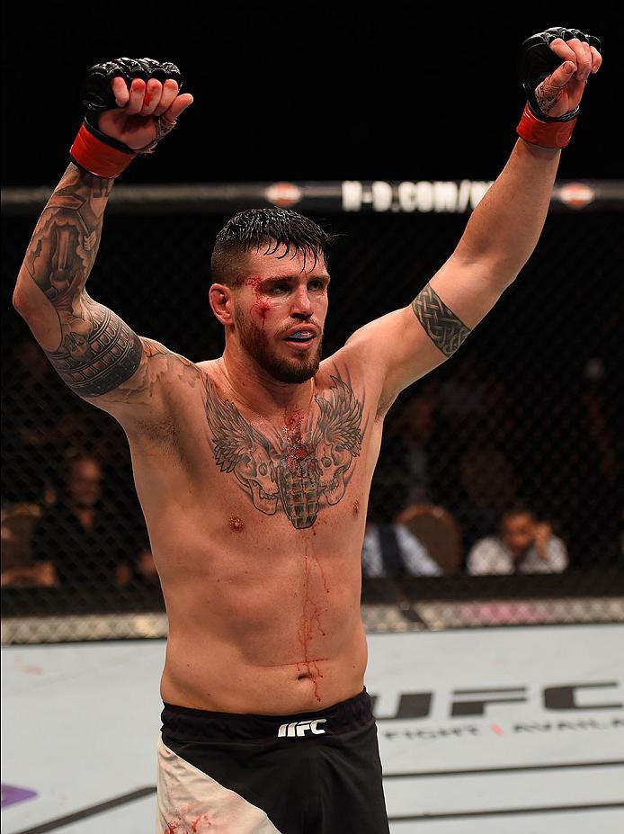 LAS VEGAS, NV - MAY 29:  Chris Camozzi reacts to his victory over Vitor Miranda of Brazil in their middleweight bout during the UFC Fight Night event inside the Mandalay Bay Events Center on May 29, 2016 in Las Vegas, Nevada.  (Photo by Josh Hedges/Zuffa 