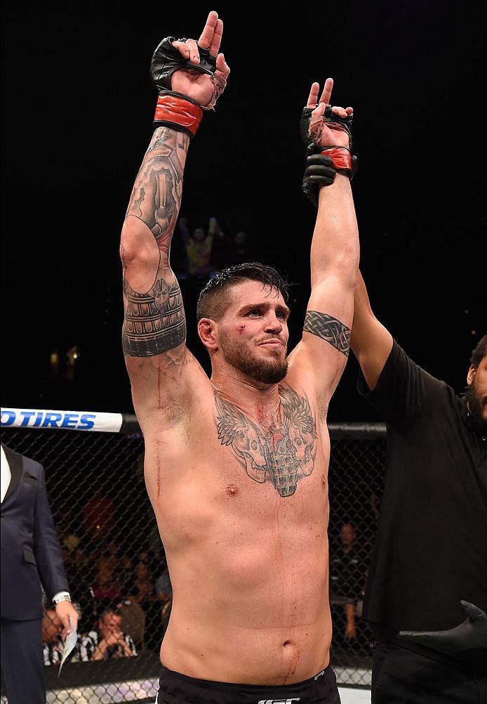 LAS VEGAS, NV - MAY 29: Chris Camozzi reacts to his victory over Vitor Miranda of Brazil in their middleweight bout during the UFC Fight Night event inside the Mandalay Bay Events Center on May 29, 2016 in Las Vegas, Nevada.  (Photo by Josh Hedges/Zuffa L