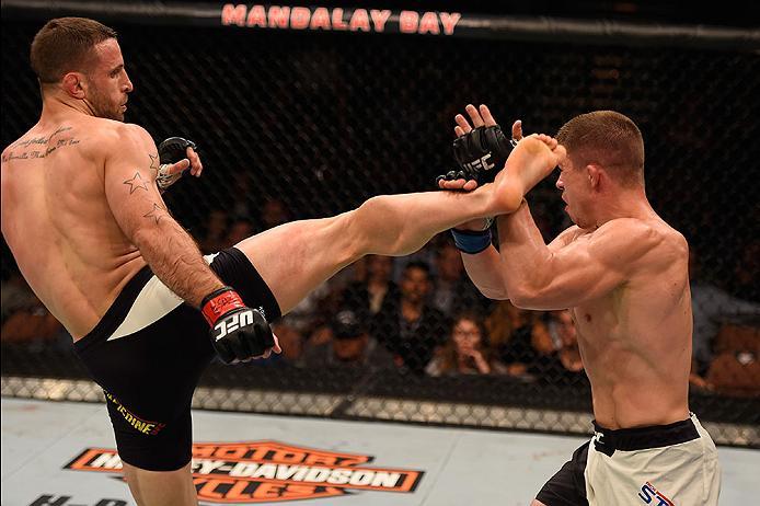 LAS VEGAS, NV - MAY 29: (L-R) Tarec Saffiedine of Belgium kicks Rick Story in their welterweight bout during the UFC Fight Night event inside the Mandalay Bay Events Center on May 29, 2016 in Las Vegas, Nevada. (Photo by Josh Hedges/Zuffa LLC/Zuffa LLC v