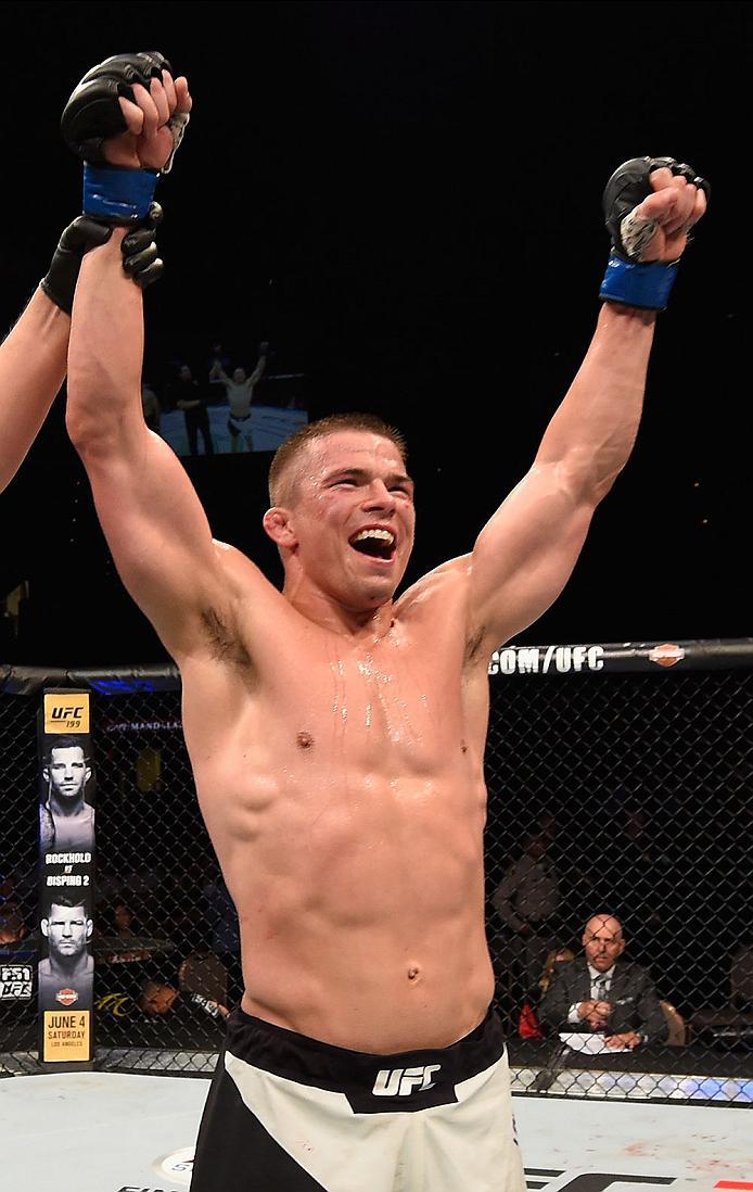 LAS VEGAS, NV - MAY 29: Rick Story reacts to his victory over Tarec Saffiedine of Belgium in their welterweight bout during the UFC Fight Night event inside the Mandalay Bay Events Center on May 29, 2016 in Las Vegas, Nevada.  (Photo by Josh Hedges/Zuffa 