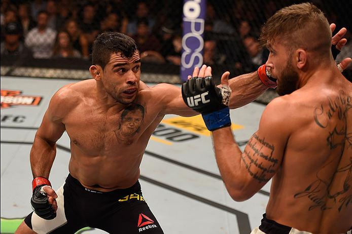 LAS VEGAS, NV - MAY 29: (L-R) Renan Barao of Brazil punches Jeremy Stephens in their featherweight bout during the UFC Fight Night event inside the Mandalay Bay Events Center on May 29, 2016 in Las Vegas, Nevada. (Photo by Josh Hedges/Zuffa LLC/Zuffa LLC