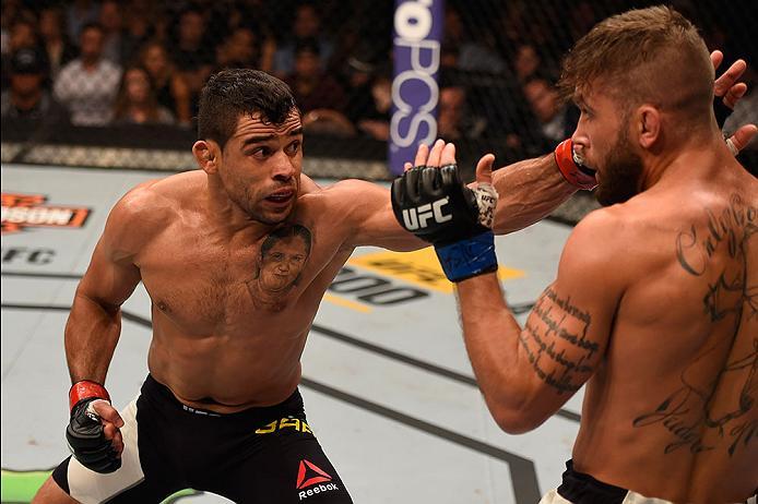 LAS VEGAS, NV - MAY 29: (L-R) Renan Barao of Brazil punches Jeremy Stephens in their featherweight bout during the UFC Fight Night event inside the Mandalay Bay Events Center on May 29, 2016 in Las Vegas, Nevada.  (Photo by Josh Hedges/Zuffa LLC/Zuffa LLC