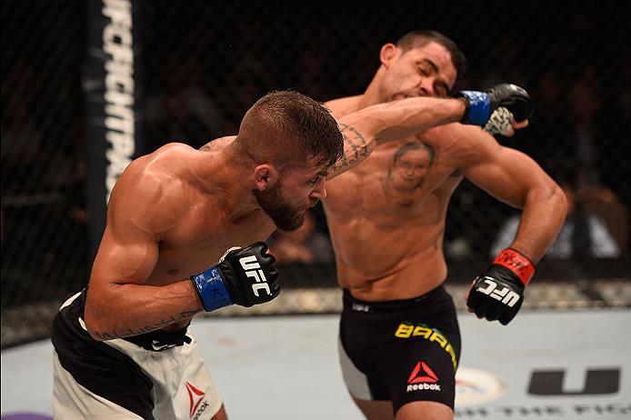 LAS VEGAS, NV - MAY 29:  (L-R) Jeremy Stephens punches Renan Barao of Brazil in their featherweight bout during the UFC Fight Night event inside the Mandalay Bay Events Center on May 29, 2016 in Las Vegas, Nevada.  (Photo by Josh Hedges/Zuffa LLC/Zuffa LL