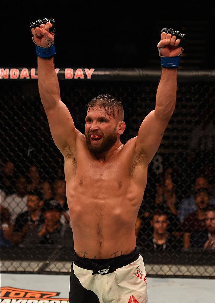 LAS VEGAS, NV - MAY 29:  Jeremy Stephens reacts to his victory over Renan Barao of Brazil in their featherweight bout during the UFC Fight Night event inside the Mandalay Bay Events Center on May 29, 2016 in Las Vegas, Nevada.  (Photo by Josh Hedges/Zuffa