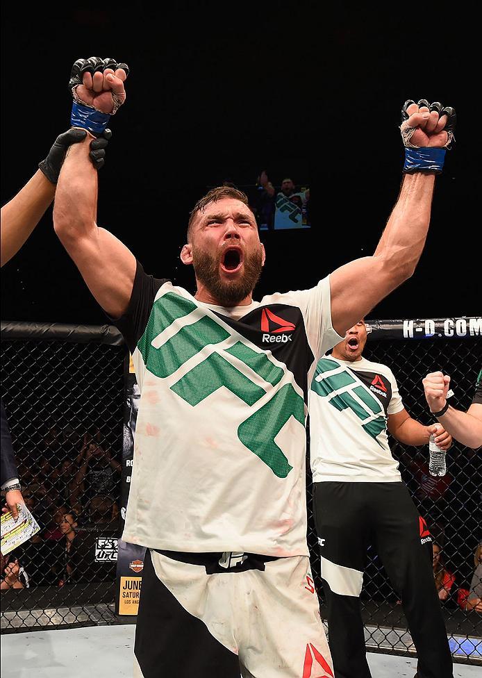 LAS VEGAS, NV - MAY 29: Jeremy Stephens reacts to his victory over Renan Barao of Brazil in their featherweight bout during the UFC Fight Night event inside the Mandalay Bay Events Center on May 29, 2016 in Las Vegas, Nevada.  (Photo by Josh Hedges/Zuffa 