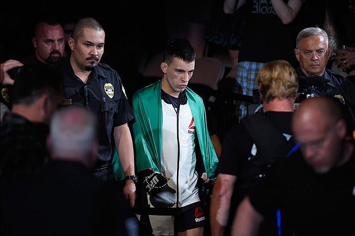 LAS VEGAS, NV - MAY 29: Thomas Almeida of Brazil prepares to face Cody Garbrandt in their bantamweight bout during the UFC Fight Night event inside the Mandalay Bay Events Center on May 29, 2016 in Las Vegas, Nevada.  (Photo by Josh Hedges/Zuffa LLC/Zuffa