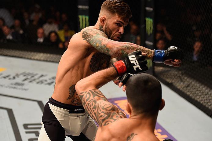 LAS VEGAS, NV - MAY 29:  (L-R) Cody Garbrandt punches Thomas Almeida of Brazil in their bantamweight bout during the UFC Fight Night event inside the Mandalay Bay Events Center on May 29, 2016 in Las Vegas, Nevada.  (Photo by Josh Hedges/Zuffa LLC/Zuffa L