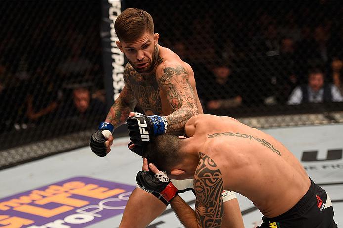 LAS VEGAS, NV - MAY 29: Cody Garbrandt (top) punches Thomas Almeida of Brazil in their bantamweight bout during the UFC Fight Night event inside the Mandalay Bay Events Center on May 29, 2016 in Las Vegas, Nevada. (Photo by Josh Hedges/Zuffa LLC/Zuffa LL