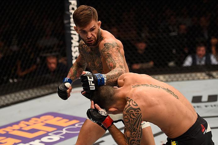 LAS VEGAS, NV - MAY 29: Cody Garbrandt (top) punches Thomas Almeida of Brazil in their bantamweight bout during the UFC Fight Night event inside the Mandalay Bay Events Center on May 29, 2016 in Las Vegas, Nevada.  (Photo by Josh Hedges/Zuffa LLC/Zuffa LL