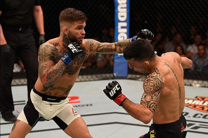 LAS VEGAS, NV - MAY 29: (L-R) Cody Garbrandt punches Thomas Almeida of Brazil in their bantamweight bout during the UFC Fight Night event inside the Mandalay Bay Events Center on May 29, 2016 in Las Vegas, Nevada.  (Photo by Josh Hedges/Zuffa LLC/Zuffa LL