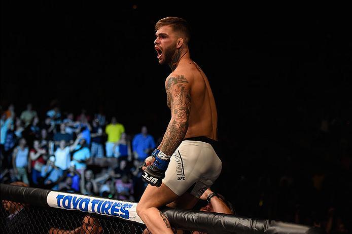 LAS VEGAS, NV - MAY 29: Cody Garbrandt reacts to his victory over Thomas Almeida of Brazil in their bantamweight bout during the UFC Fight Night event inside the Mandalay Bay Events Center on May 29, 2016 in Las Vegas, Nevada.  (Photo by Josh Hedges/Zuffa