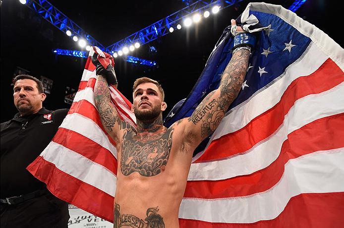 LAS VEGAS, NV - MAY 29: Cody Garbrandt reacts to his victory over Thomas Almeida of Brazil in their bantamweight bout during the UFC Fight Night event inside the Mandalay Bay Events Center on May 29, 2016 in Las Vegas, Nevada. (Photo by Josh Hedges/Zuffa