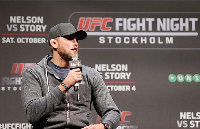 STOCKHOLM, SWEDEN - OCTOBER 03: Top ranked UFC light heavyweight contender Alex Gustafsson of Sweden interacts with fans during a Q&A session before the UFC weigh-in at the Ericsson Globe Arena on October 3, 2014 in Stockholm, Sweden. (Photo by Josh Hed