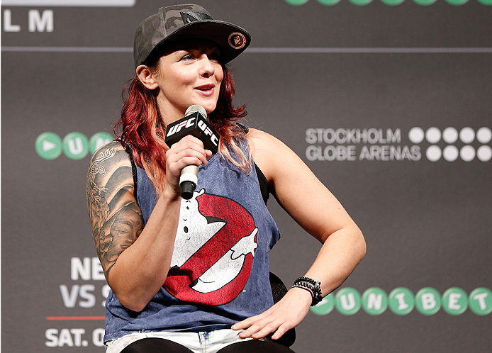 STOCKHOLM, SWEDEN - OCTOBER 03: UFC strawweight contender Joanne Calderwood of Scotland interacts with fans during a Q&A session before the UFC weigh-in at the Ericsson Globe Arena on October 3, 2014 in Stockholm, Sweden. (Photo by Josh Hedges/Zuffa LLC