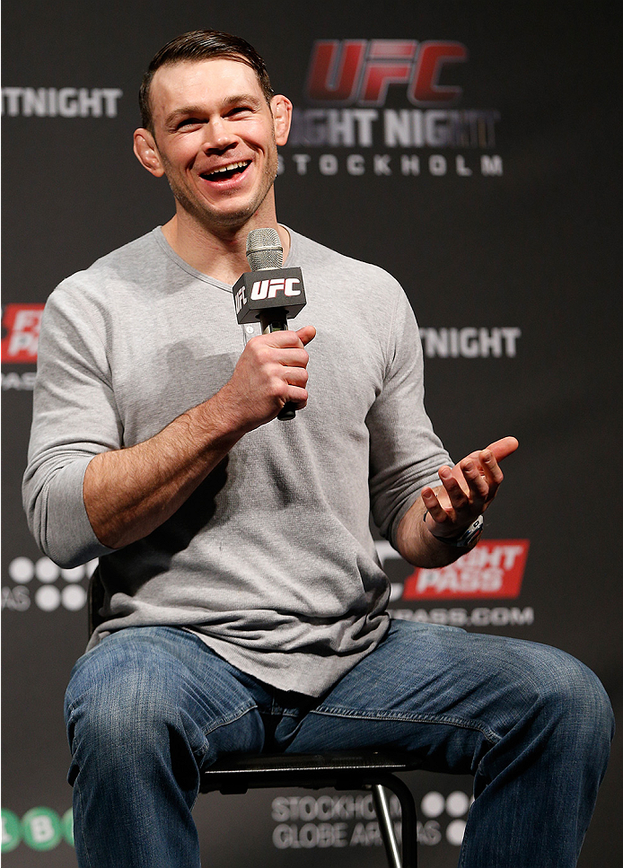 STOCKHOLM, SWEDEN - OCTOBER 03:  UFC hall of famer Forrest Griffin interacts with fans during a Q&A session before the UFC weigh-in at the Ericsson Globe Arena on October 3, 2014 in Stockholm, Sweden.  (Photo by Josh Hedges/Zuffa LLC/Zuffa LLC)