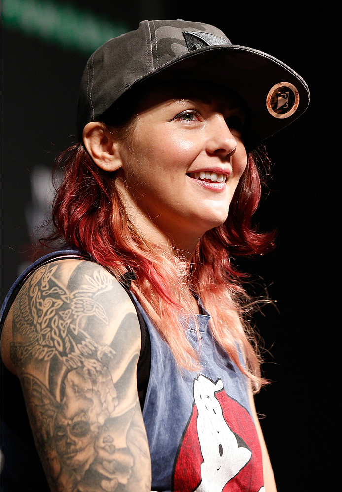 STOCKHOLM, SWEDEN - OCTOBER 03: UFC strawweight contender Joanne Calderwood of Scotland interacts with fans during a Q&A session before the UFC weigh-in at the Ericsson Globe Arena on October 3, 2014 in Stockholm, Sweden. (Photo by Josh Hedges/Zuffa LLC