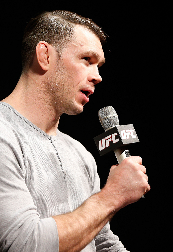 STOCKHOLM, SWEDEN - OCTOBER 03: UFC hall of famer Forrest Griffin interacts with fans during a Q&A session before the UFC weigh-in at the Ericsson Globe Arena on October 3, 2014 in Stockholm, Sweden. (Photo by Josh Hedges/Zuffa LLC/Zuffa LLC)