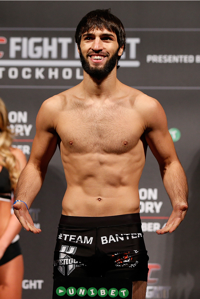 STOCKHOLM, SWEDEN - OCTOBER 03: Zubaira Tukhugov of Russia poses on the scale after weighing in during the UFC weigh-in at the Ericsson Globe Arena on October 3, 2014 in Stockholm, Sweden. (Photo by Josh Hedges/Zuffa LLC/Zuffa LLC)