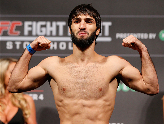 STOCKHOLM, SWEDEN - OCTOBER 03: Zubaira Tukhugov of Russia poses on the scale after weighing in during the UFC weigh-in at the Ericsson Globe Arena on October 3, 2014 in Stockholm, Sweden. (Photo by Josh Hedges/Zuffa LLC/Zuffa LLC)