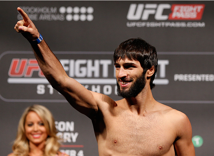 STOCKHOLM, SWEDEN - OCTOBER 03: Zubaira Tukhugov of Russia poses on the scale after weighing in during the UFC weigh-in at the Ericsson Globe Arena on October 3, 2014 in Stockholm, Sweden. (Photo by Josh Hedges/Zuffa LLC/Zuffa LLC)