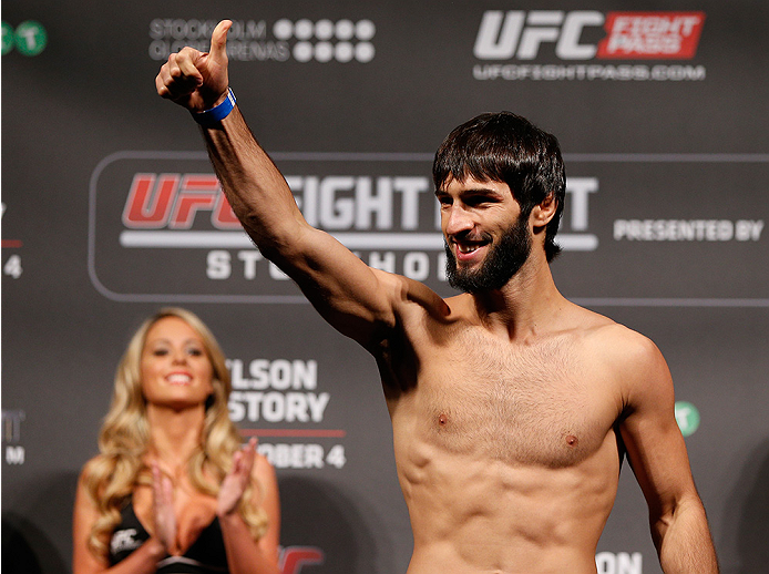 STOCKHOLM, SWEDEN - OCTOBER 03: Zubaira Tukhugov of Russia poses on the scale after weighing in during the UFC weigh-in at the Ericsson Globe Arena on October 3, 2014 in Stockholm, Sweden. (Photo by Josh Hedges/Zuffa LLC/Zuffa LLC)