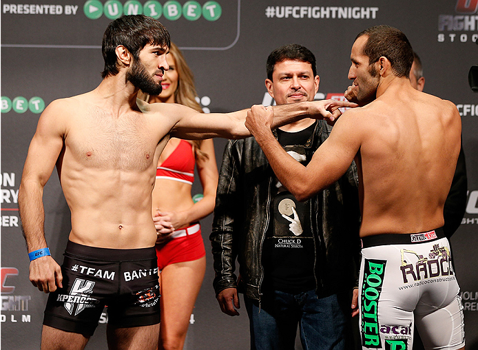 STOCKHOLM, SWEDEN - OCTOBER 03:  (L-R) Opponents Zubaira Tukhugov of Russia and Ernest Chavez face off during the UFC weigh-in at the Ericsson Globe Arena on October 3, 2014 in Stockholm, Sweden.  (Photo by Josh Hedges/Zuffa LLC/Zuffa LLC)