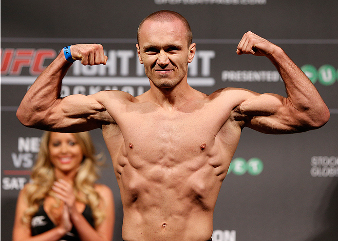 STOCKHOLM, SWEDEN - OCTOBER 03:  Marcin Bandel of Poland poses on the scale after weighing in during the UFC weigh-in at the Ericsson Globe Arena on October 3, 2014 in Stockholm, Sweden.  (Photo by Josh Hedges/Zuffa LLC/Zuffa LLC)