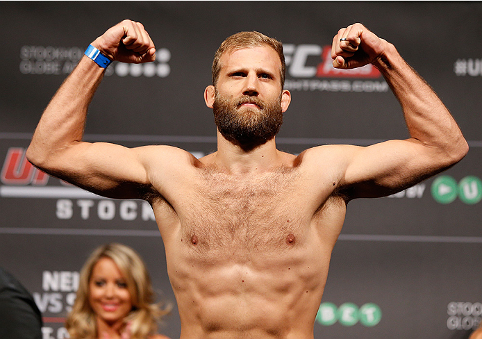 STOCKHOLM, SWEDEN - OCTOBER 03:  Tor Troeng of Sweden poses on the scale after weighing in during the UFC weigh-in at the Ericsson Globe Arena on October 3, 2014 in Stockholm, Sweden.  (Photo by Josh Hedges/Zuffa LLC/Zuffa LLC)